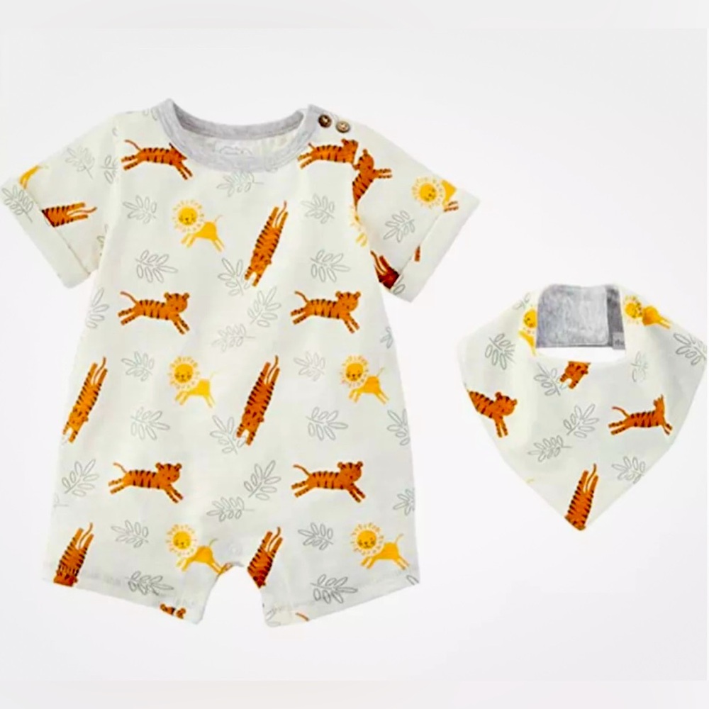 NWT Mud Pie Baby Boys Shortall Romper With Matching Bib Size 0-3M Lions Tigers